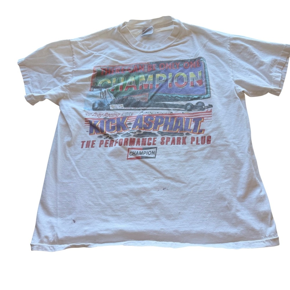 Champion Men NHRA‎ Drag Racing Kick Asphalt T-Shirt L White Vintage Graphic Tee